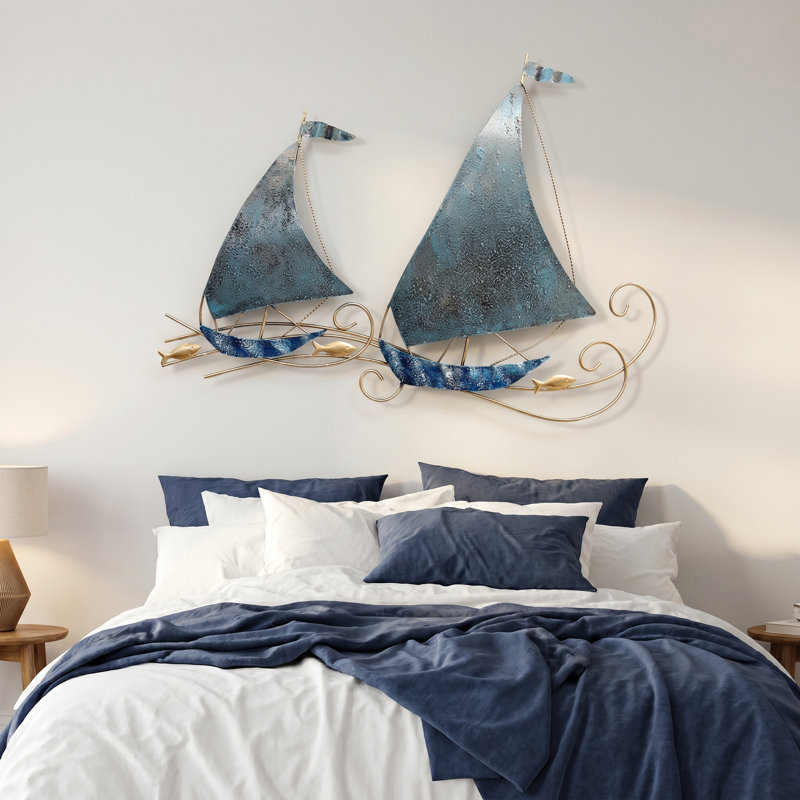 Ensemble d'art mural voilier en fer fait à la main Coastal Voyage - Bleu océan et décor nautique doré
