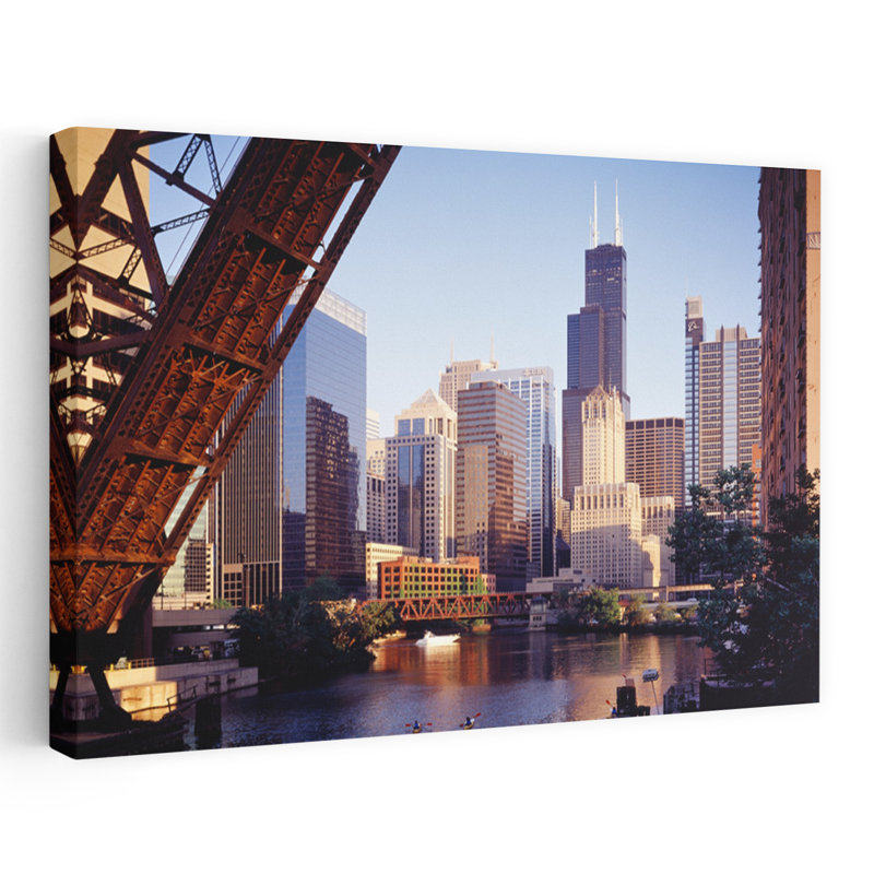 Skyscrapers in city seen from Kinzie Street Railroad Bridge Chicago River Chicago Cook County Illinois USA 1 Piece Wrapped Canvas Wall Art
