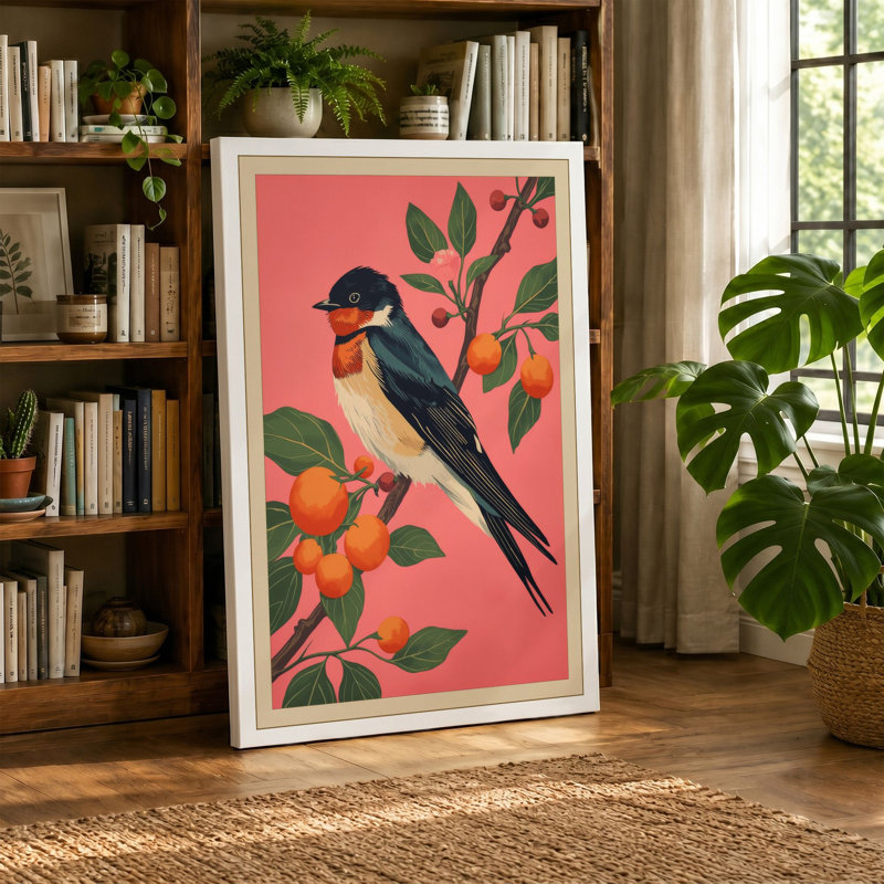 Bird on Branch Japandi - Wrapped Canvas, 30x20 - 76.2 x 50.8 cm, Taupe Border