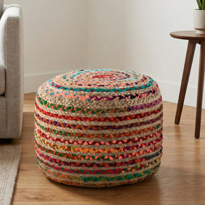 Grant 20"W Handwoven Jute and Cotton Boho Round Pouf