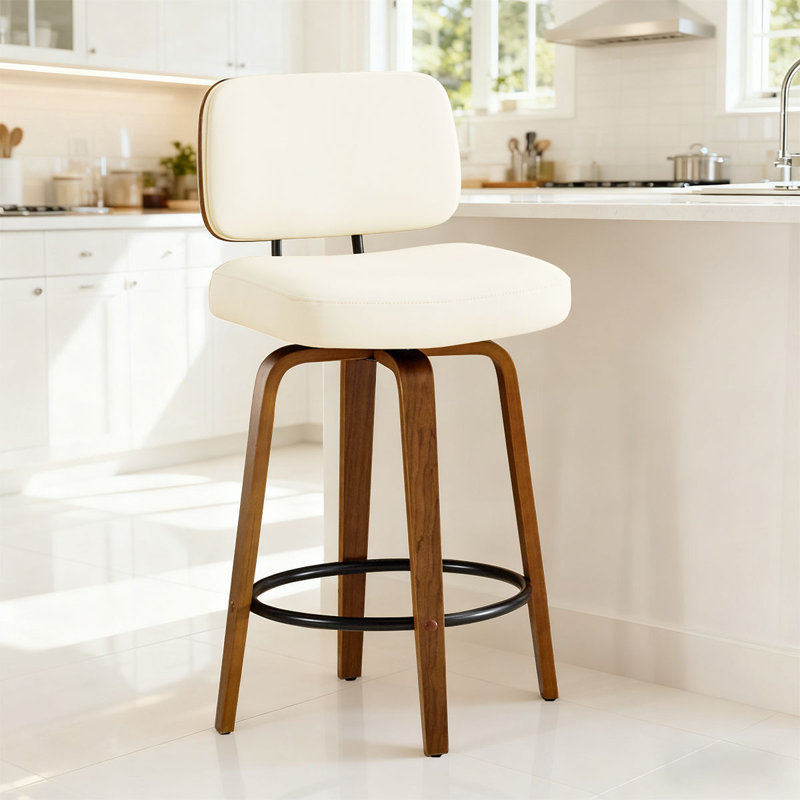 27" Swivel Faux Leather Counter Height Bar Stools with Backrest,Cream White, Cream/White
