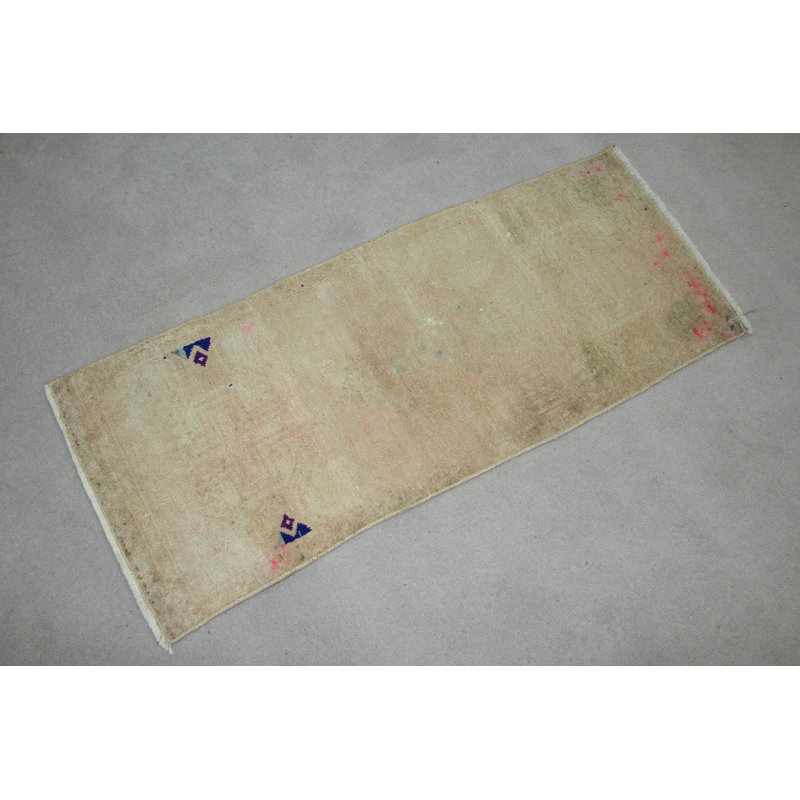 Petit tapis turc Oushak rétro beige avec laine colorée tissée à la main pour la décoration de la cuisine et le paillasson