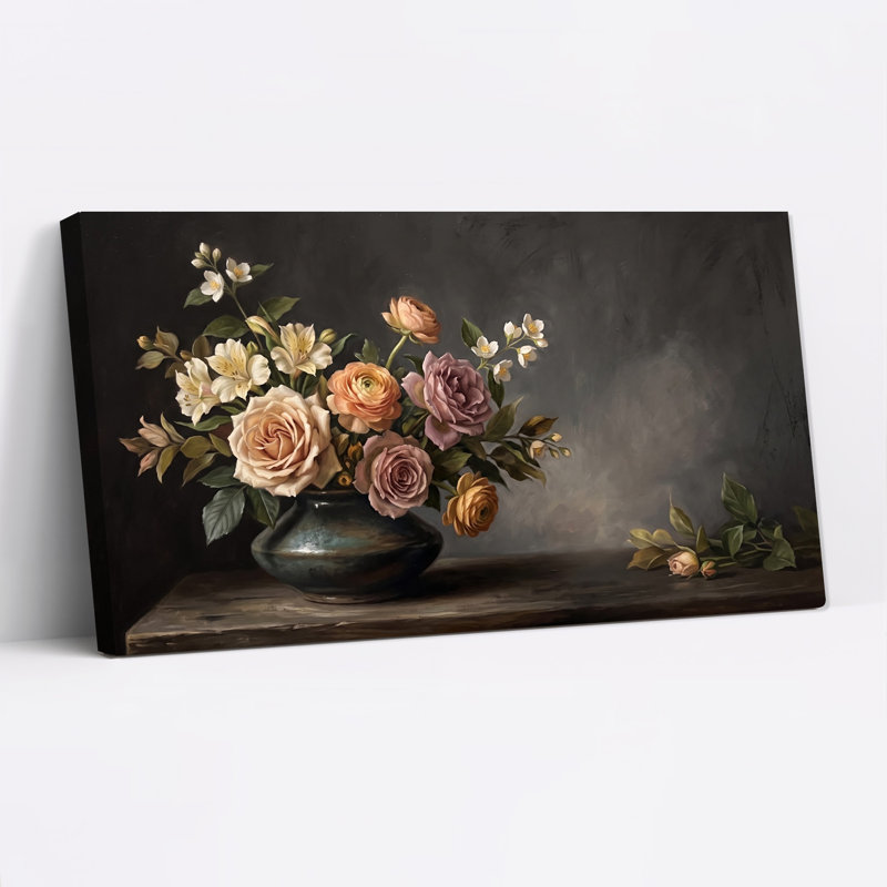 «Rose et crème roses avec fleurs blanches dans un vase foncé», art mural, L 32 po x H 16 po
