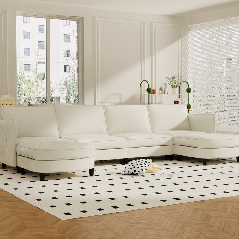 Grand 141,5 po 6 places en forme de U avec pochettes amovibles, conception moderne pour les espaces de vie, beige, peau respirante, ressorts ensachés, mousse haute, quincaillerie, 4 pieds, capacité de 1200 livres, convient