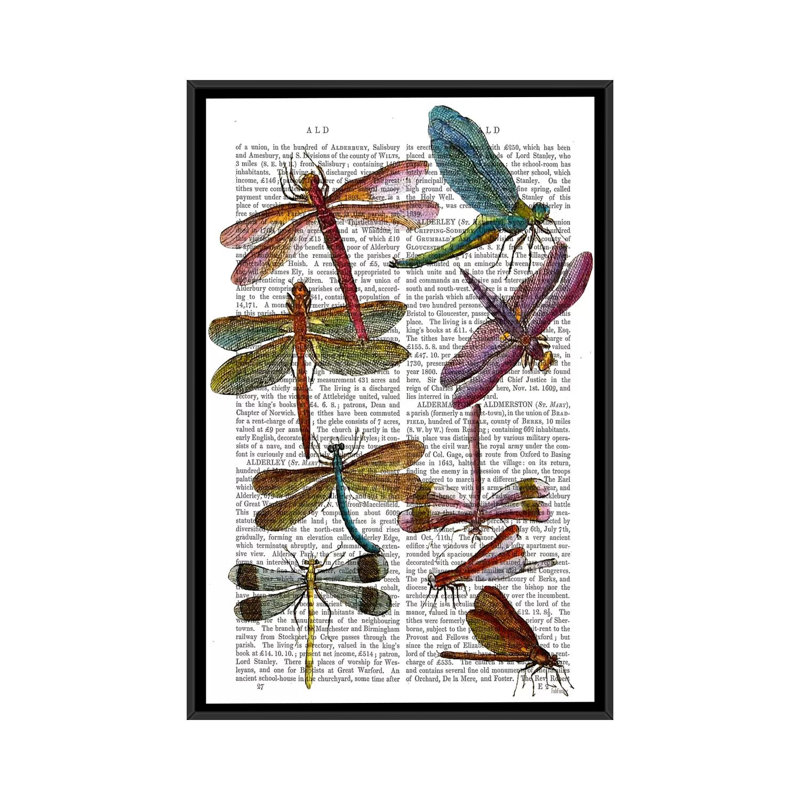 « libellule print iii », impression sur toile tendue, H 26 po x l 18 po x P 1,5 po, Toile avec cadre noir, Pas de tapis