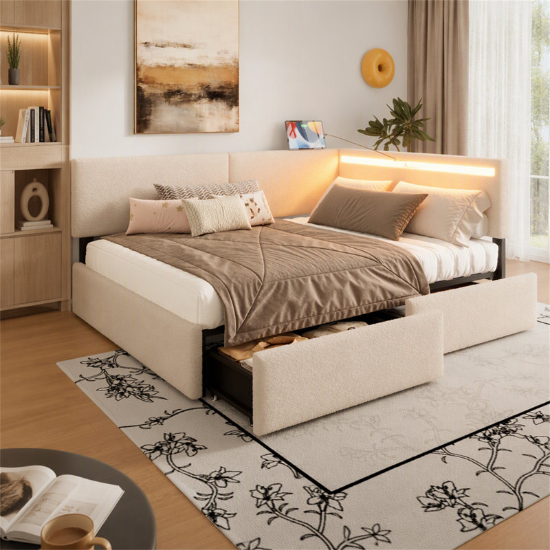 Cadre de lit rembourré avec tête de lit, 2 tiroirs de rangement, éclairage DEL et port USB, pieds en bois massif, sommier non nécessaire, tête de lit à droite (matelas non inclus)