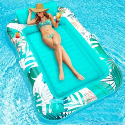Grande piscine gonflable pour adultes - Chaise longue de bronzage à motif de feuilles tropicales avec coussins et porte-gobelets amovibles, chambre à eau de refroidissement de 75 x 47 pouces, base d'air nervurée et poignées latérales pour la cour, la
