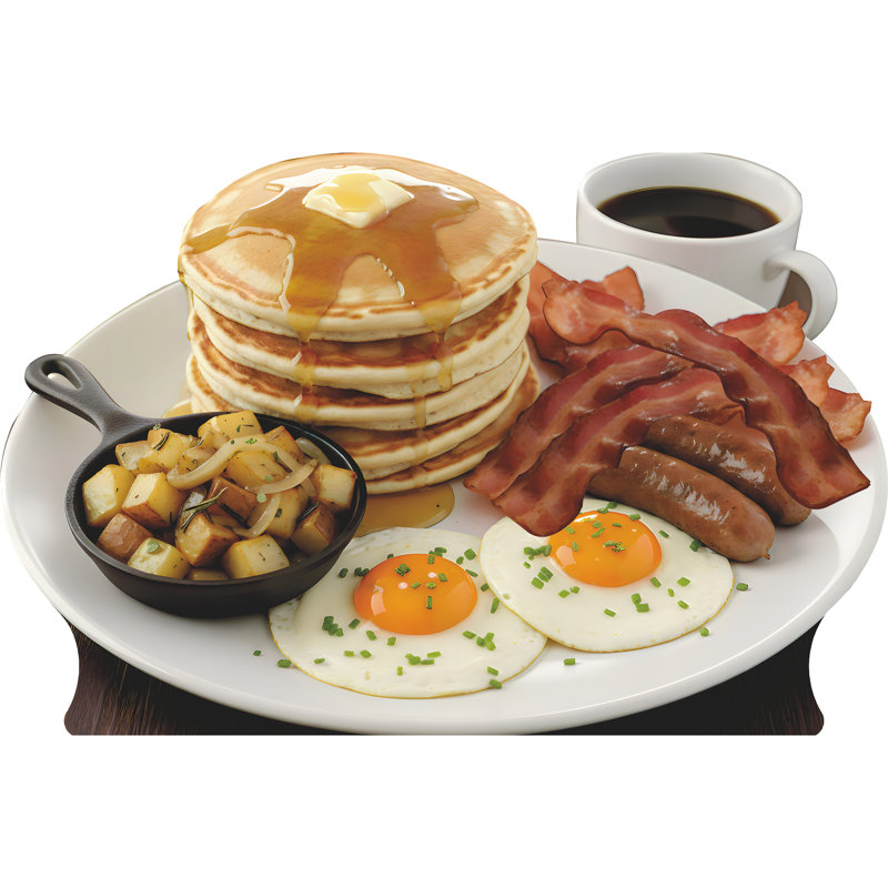 SP13597 Grand copieux déjeuner, crêpes, pommes de terre, bacon, saucisses, œufs, café, carton, découpe, debout, debout