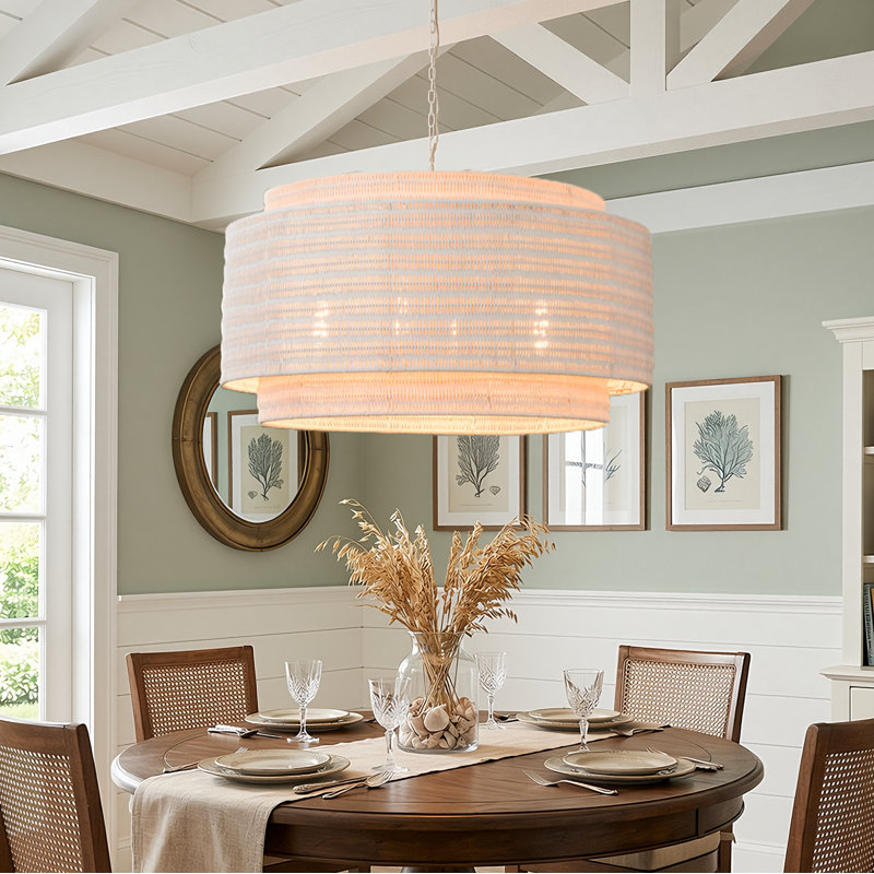 4-light 28"W Hand-Woven Rattan Modern Farmhouse Drum Chandelier with White Metal for Dining Room or Bedroom, White
