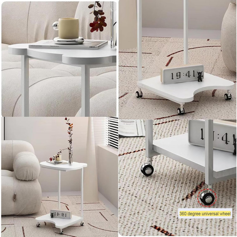 Side Table With Wheels,C Shaped White End Table,Small Side Table For Couch Sofa Table,Round Coffee Table,Mobile Standing Desk,Tall Tv Tray Table For Living Room,Bedroom,Metal Frame