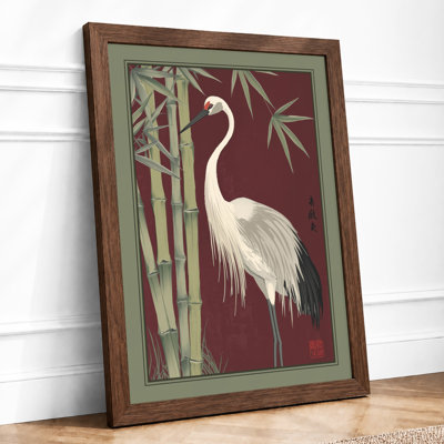 Crane Among Bamboo Japandi - Framed Print