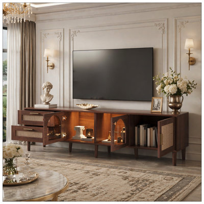 Meuble télé en rotin avec 3 armoires et 2 tiroirs, console média en rotin pour téléviseur de 80 po ou moins, meuble télé à DEL, meuble télé pour salon, chambre à coucher, cinéma maison