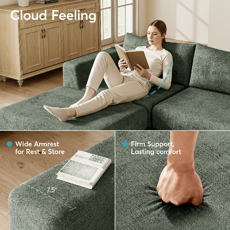 Boneless Cloud Boneless L-shaped Modular Sectional Couch – 4-seater Upholstered Convertible Sofa With Ottoman, Deep Seat Chenille For Living Room,green