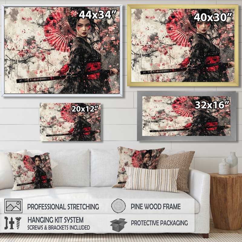 «Samurai au Japon», femme, fleur, Reproduction encadrée d'une seule photo, H 30 po x l 40 po, Noir