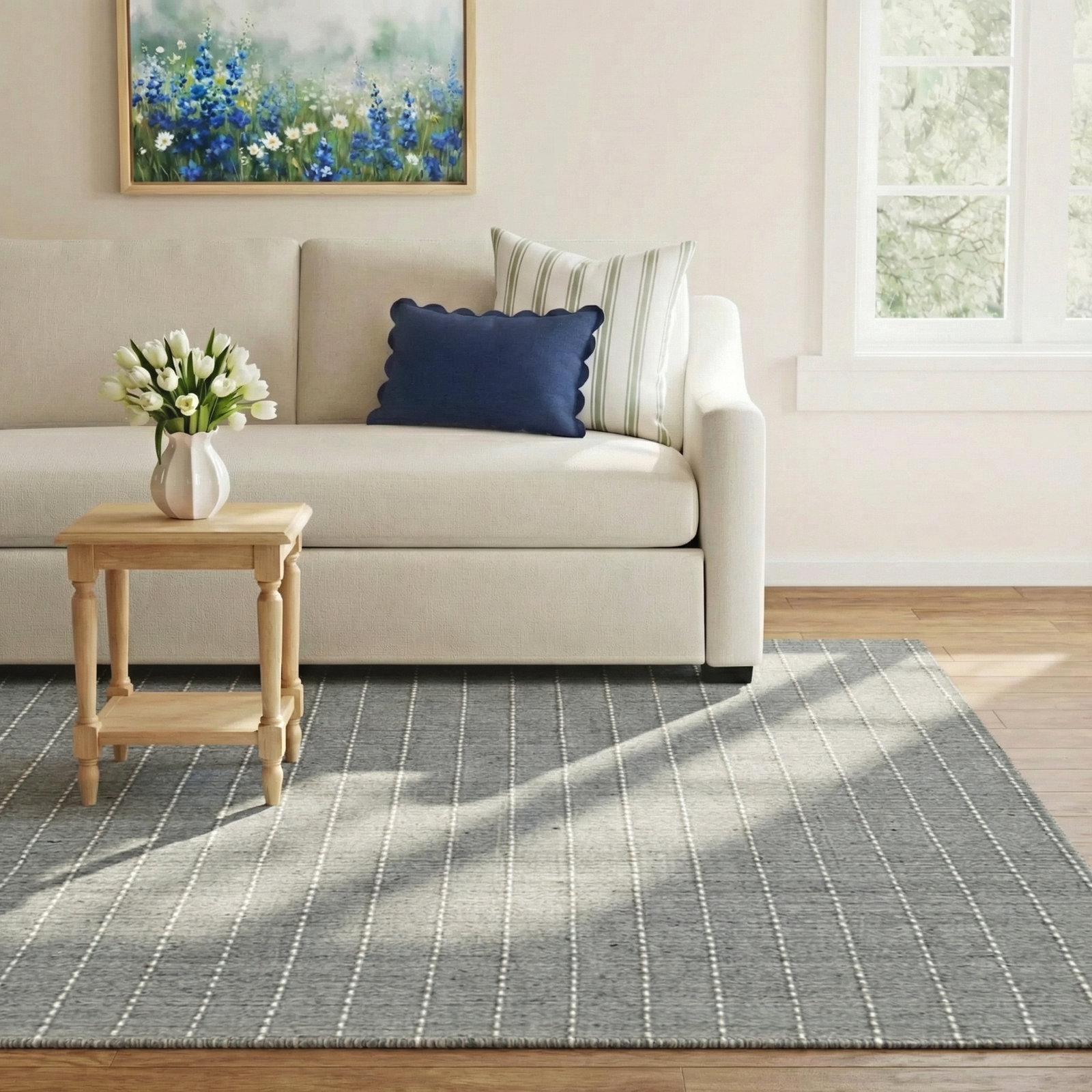 Amita Gray Beige Blue Hand-Loomed Striped Rug, Rectangle 8' x 10'