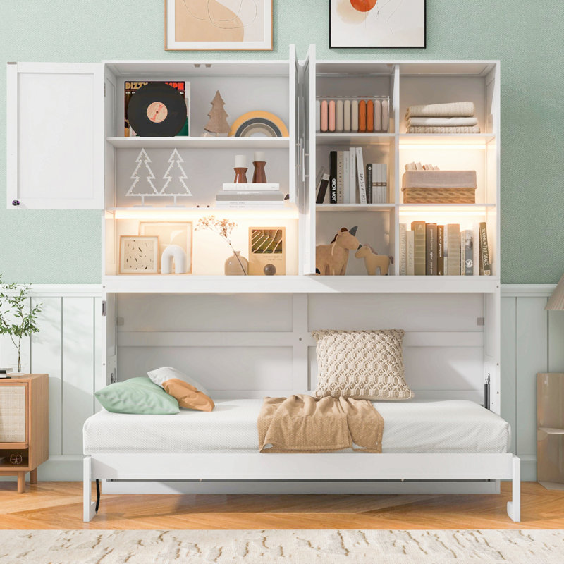 Lit escamotable mural simple avec armoire supérieure, tablettes, lit pliable peu encombrant avec lumière et USB, Blanc