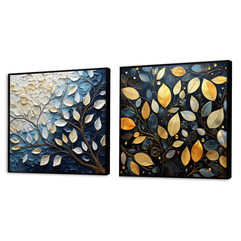 Feuille et breloque fleur en hiver II - ensemble de 2 feuilles carrées, Cadre flottant noir, H 16 po x l 33 po