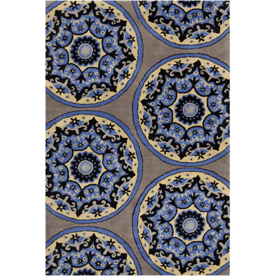Ailey Authentic Hand-Tufted Handmade Blue, Yellow, Gray, Cream & Black Medallion Starburst Wool Area Rug