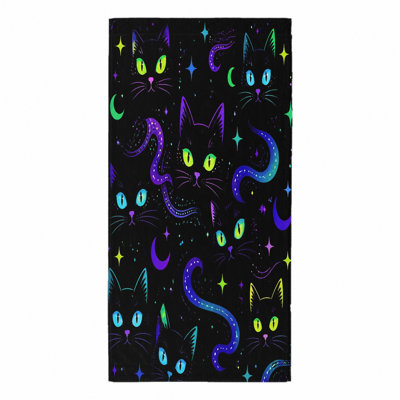 1Pcs Mystical Black Cats and Crescent Moons Beach Towel, Vibrant Neon Stars Swirling Tails Design, Large Microfiber for, Pool, Travel, Camping, Unisex Fun Art