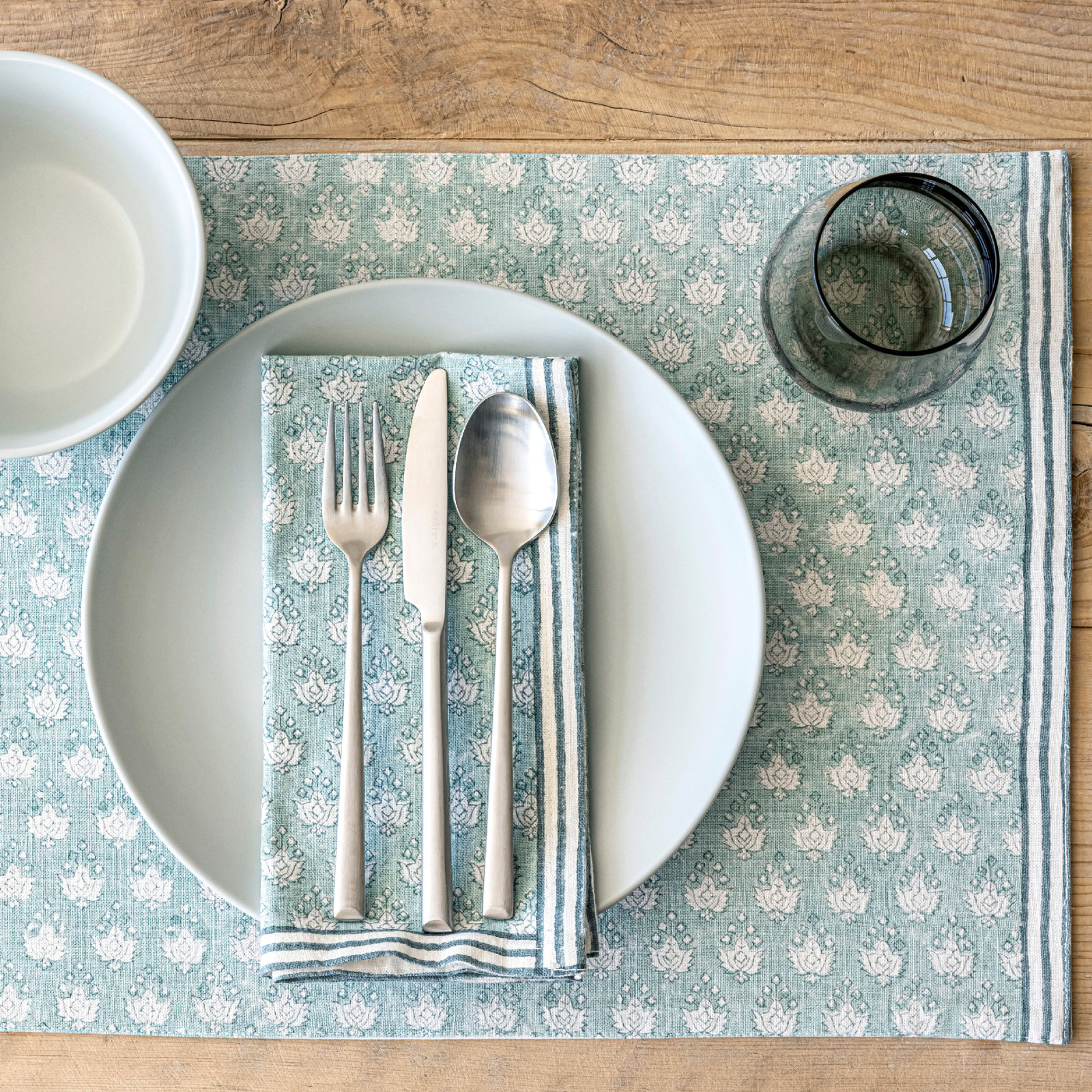 Hand-Blocked Cotton Napkin, Blue Leaf