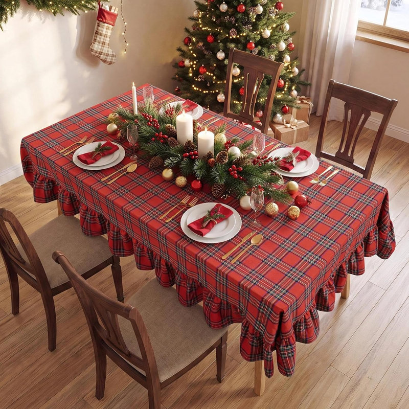60x84 Inch Rectangle Christmas Plaid Ruffled Tablecloth, Red Polyester-Cotton Buffalo Check Table Cover for Holiday Dinner Party