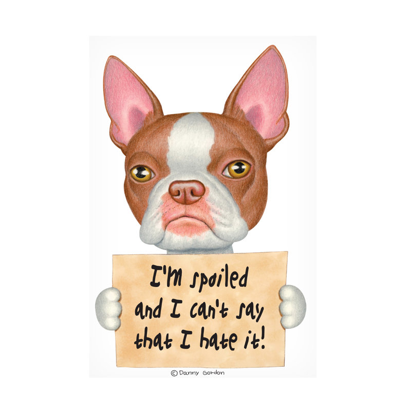 «Red Boston Terrier with Sign» par Danny Gordon, art textuel sur toile tendue, H 19 po x l 12 po x P 2 po