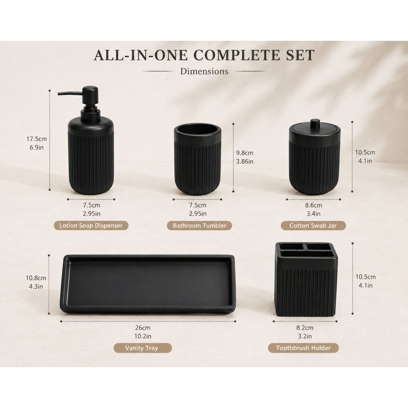 Resin Matte Black Bathroom Accessories Set 5 Pcs