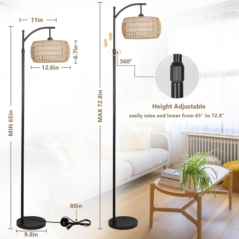 Arc Floor Lamp With Remote Control, Dimmable LED Floor Lamp With 3 Color Temperature, Black Standing Lamp With Rattan & Fabric Double Drum Shade, Boho Farmhouse Tall Pole Lamp For Living Room Bedroom