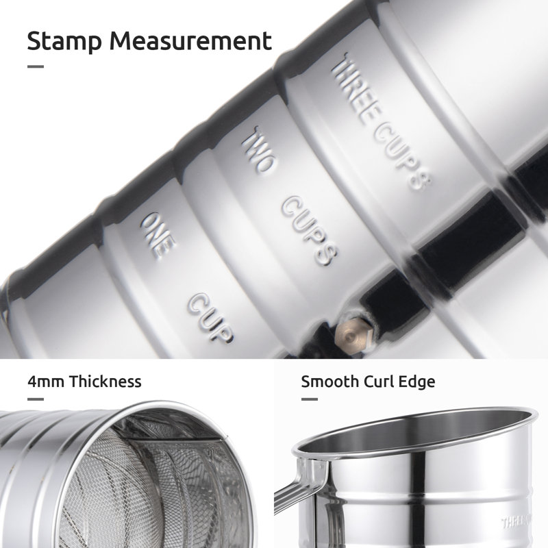 U-Taste Stainless Steel 3 Cup Flour Sifter with 4 Wire Agitators for Quick Sifting (20 Fine Mesh)
