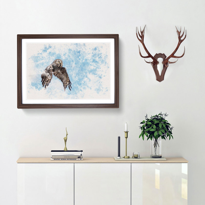 Flying Great Grey Owl - Picture Frame Painting Print, Walnut Framed, 62cm H x 87cm W x 2cm D