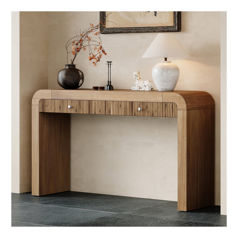 Console rustique avec façade de tiroir cannelée, table d'entrée avec coins incurvés et pieds épais, table de canapé robuste pour le couloir et le salon