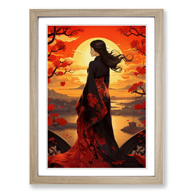 Japanese Sunset Nouveau - Single Picture Frame Print on Wood, Oak Framed, 46cm H x 34cm W x 2cm D