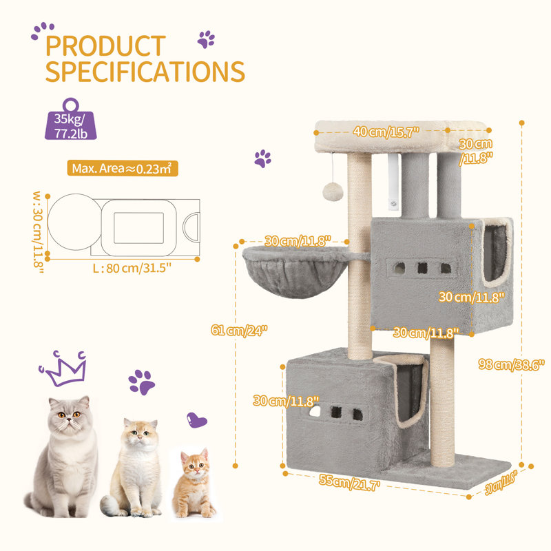 Cat Tree, 98 cm Tower, Sisal Scratching Post, Cats Tower for Indoor, Multi-Level Stable Cat Tree with Cats House, 2 Caves, Pompoms,  Dark Grey, Light Grey