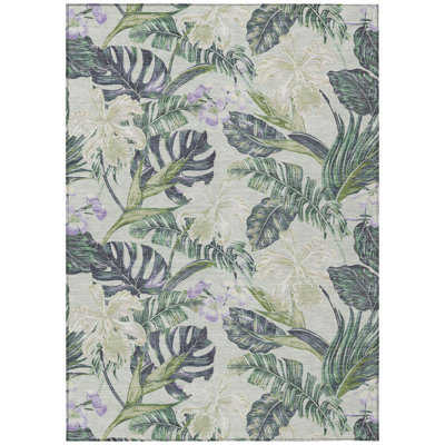 3' X 5' Artichoke Green Lavender And Ivory Botanical Leaves Washable Indoor Outdoor Area Rug