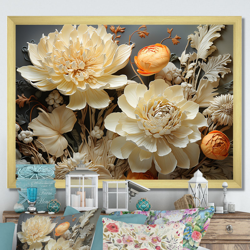 Ivoire floral complexe sur toile, Cadre doré simple, H 12 po x l 20 po x P 1 po