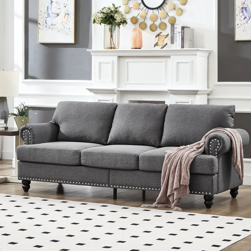 83 po, trois places de style américain, ronde, confortable en éponge, siège de rangement gris de 83 po avec décoration clous argentés, coussins à ressorts et housses amovibles beiges