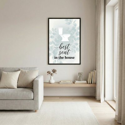 Toilet With Leaves Pattern Elegant Script Best Seat In The House Canvas Wrapped Wall Art Oil Painting Print For Bathroom Decor
