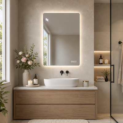 32" H x 24" W Smart LED Lighted Vanity Mirror, Frameless Rounded Wall Mounted Mirror with Memory Function