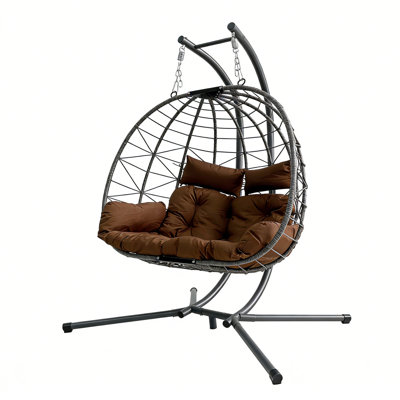Fauteuil à œufs suspendu double 33,86 po x l 50,39 po x H 76,77 po avec support, causeuse pour hamac de patio, coussins moelleux et rotin pe toutes saisons, structure en fer robuste pour chambre à coucher, balcon, jardin, intérieur et extérieur