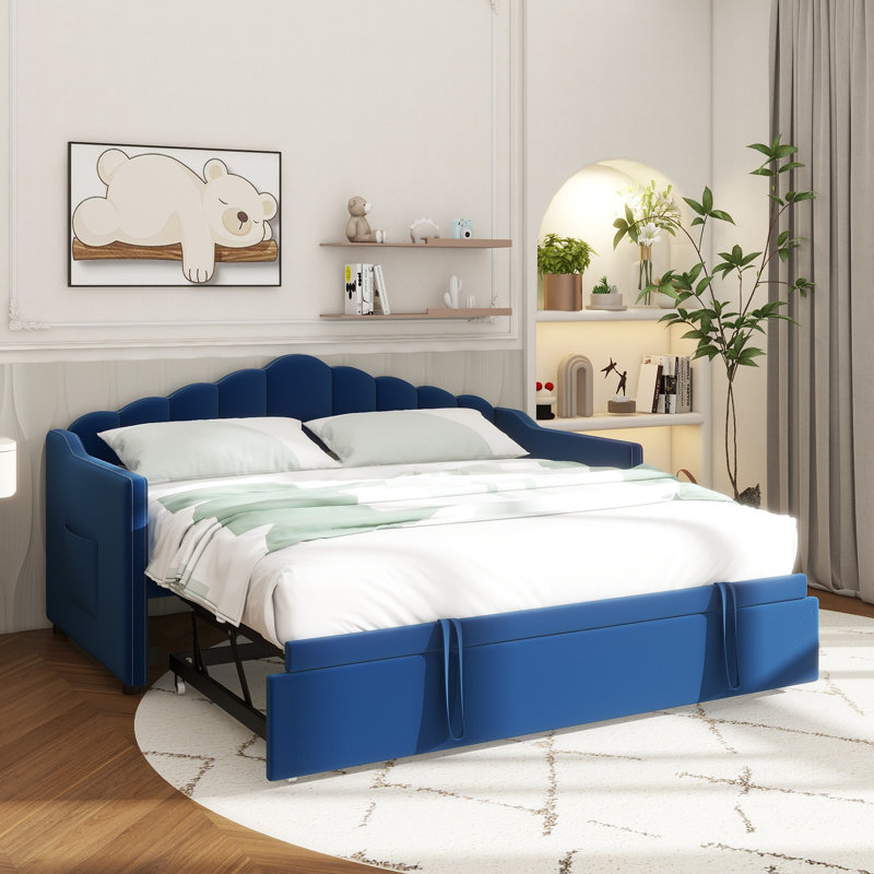 Upholstered Twin Size Daybed With Adjustable Height Pop Up Trundle Twin Bed And USB & Type-C Charging Port, Day Bed Frame With 2 Side Pockets, No Box-Spring Needed, Blue