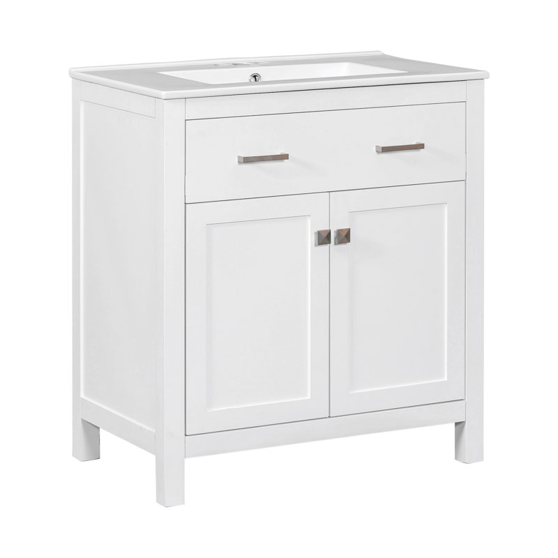Meuble-lavabo de 30 pouces avec lavabo en céramique, armoire de salle de bain simple moderne avec 2 portes et une tablette, portes à fermeture douce