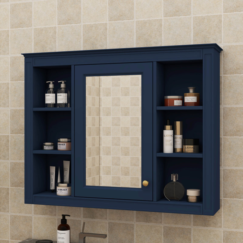 35'' X 27.5'' Medicine Cabinet, Wall-Hanging Bathroom Storage With Mirror, Modern Unit With 6 Open Shelves, Blue