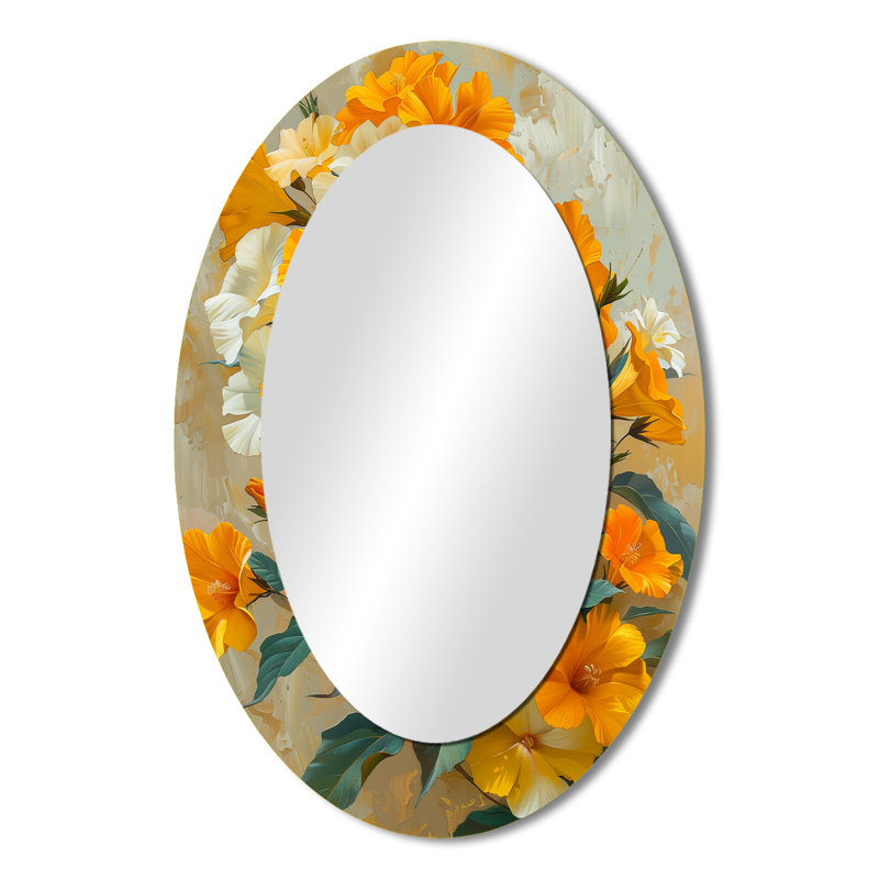 Vibrant Garden Orange White Morning Glory I - Floral Oval Decorative Mirror On Metal, 36" x 24"