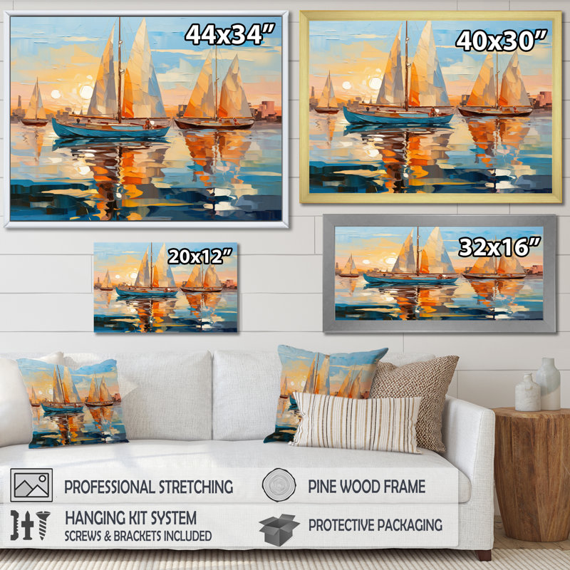 Jonkan voilier abstrait flottille I - bateau à voile, art mural, Toile tendue, H 24 po x l 32 po x P 1 po