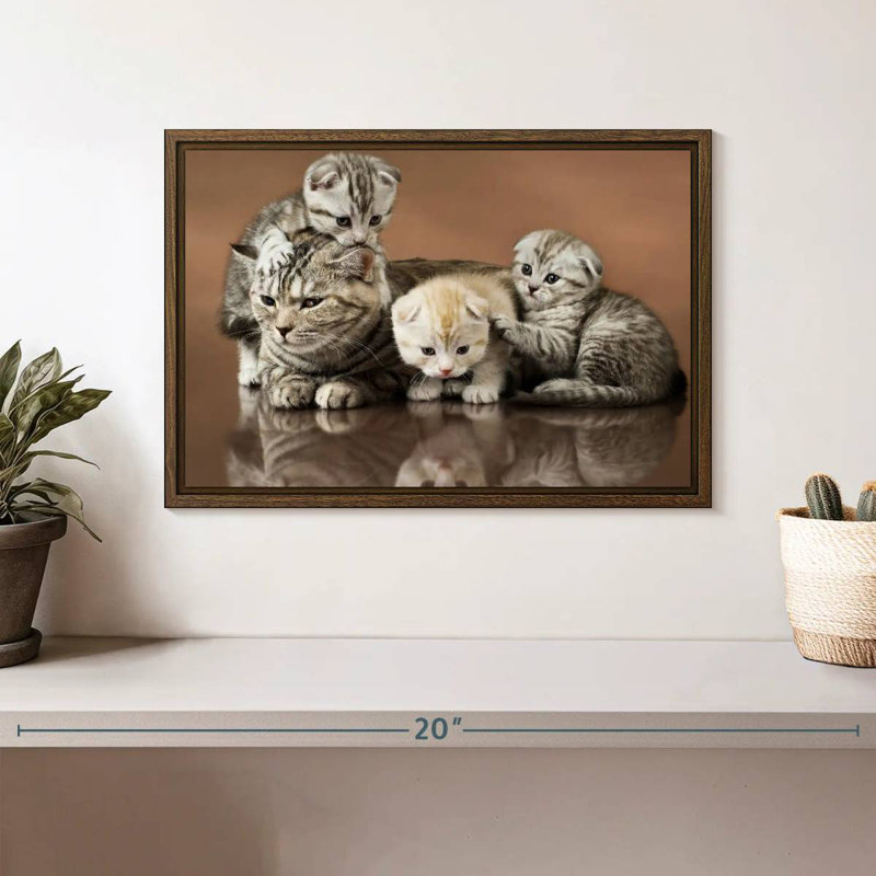 Famille de chats, 13 po x 9 po, Cadre flottant en noyer