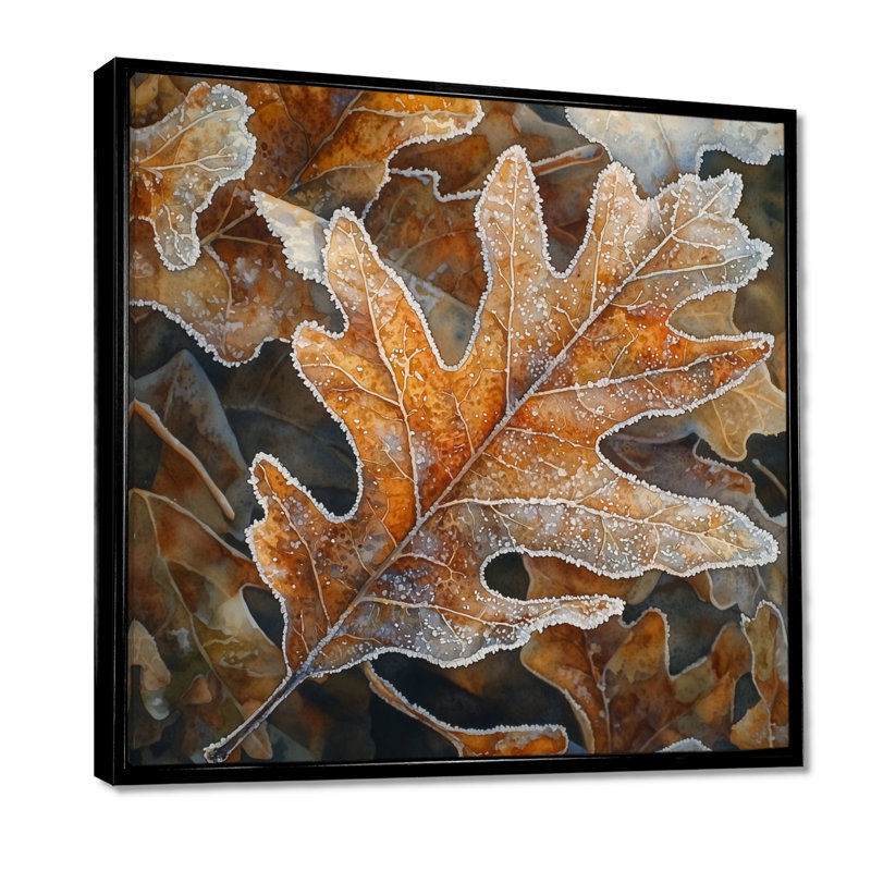 Frosty Oak Leaf II - feuilles, art mural, H 16 po x l 16 po, Impression encadrée flottante, Noir, noir, noir, noir
