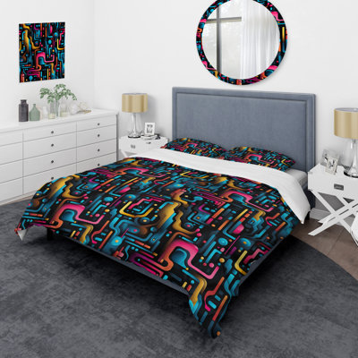 Neon Futuristic Lined Mirage - Ensemble de housse de couette géométrique