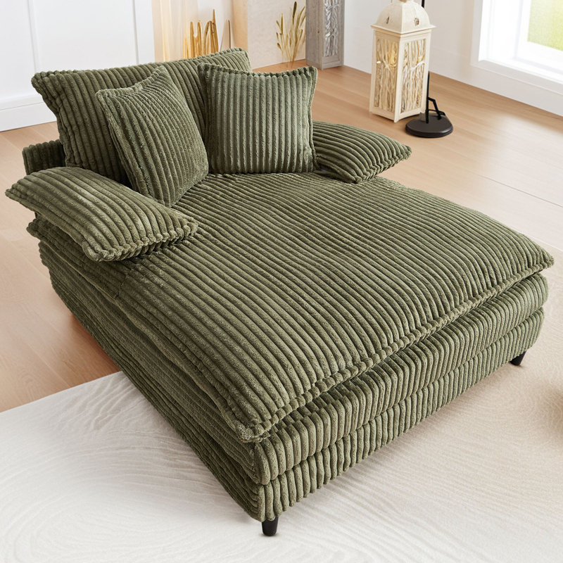 Latitude Run 55" W Oversized Corduroy Chaise Lounge Chair, Upholstered Sleeper Sofa Bed with 3 Pillows,4-Level Adjustable Backrest
