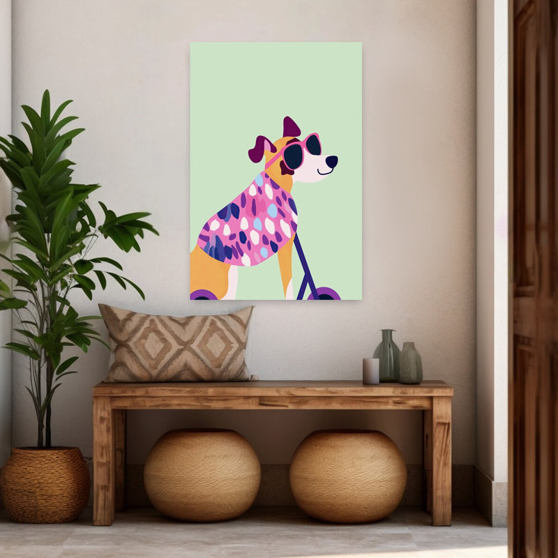Cool Dog On Scooter Colorful Playful Whimsical Dog Wall Art Print by Mathieu - Wrapped Canvas Print, 121.92cm H x 81.28cm W