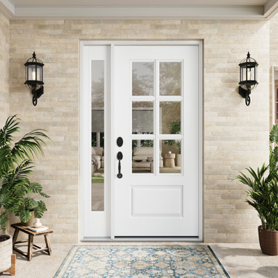 Entry Front Exterior Fiberglass Door 36" x 80" Primed White 6-Lite Clear Glass Prehung Door Fixed Single Sidelite White 1 Lite Clear Glass Door With Jamb, Right-Hand Inswing (Not Included Hardware Kit)
